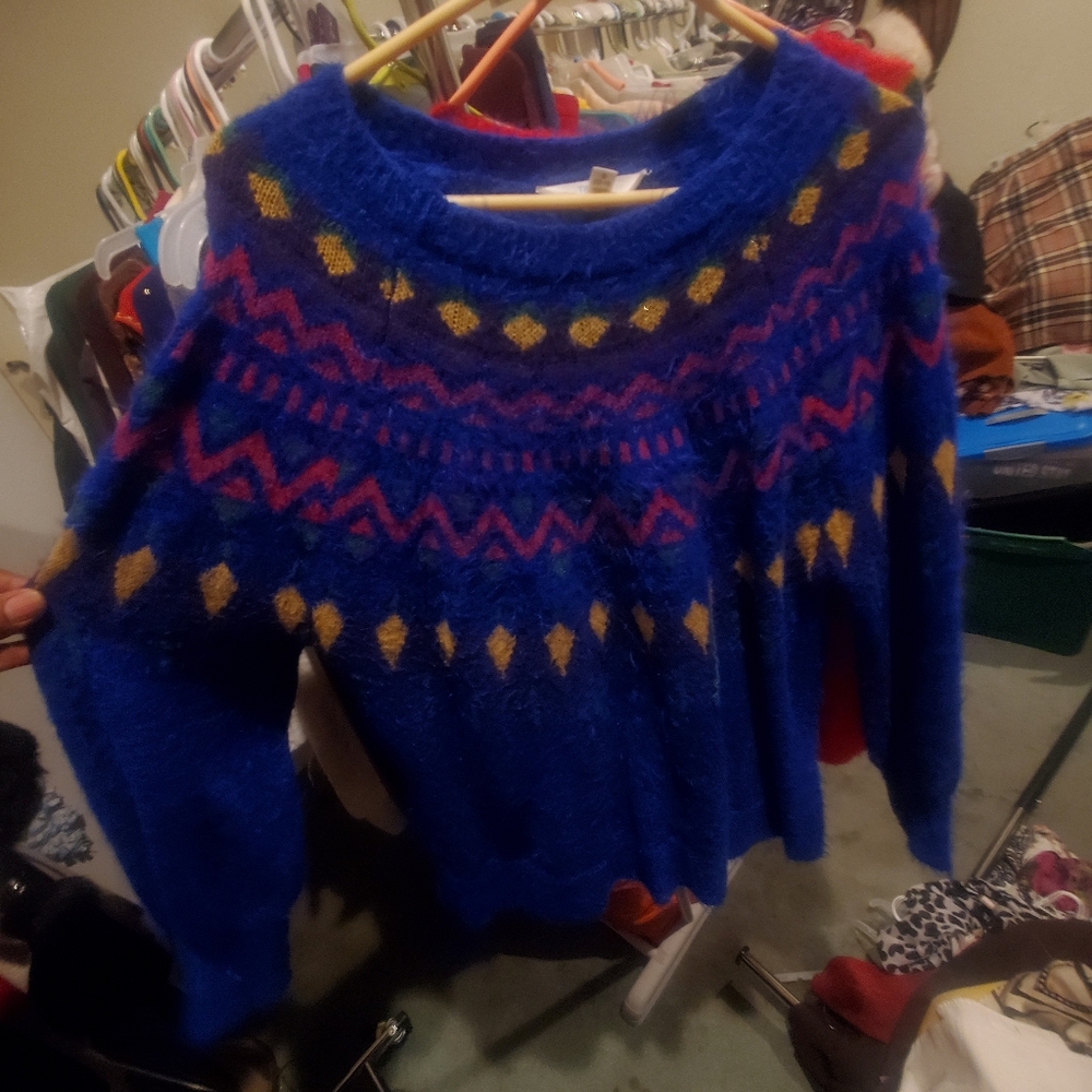 Time And Tru Women's Blue Fair Isle Long Sleeve Sweater Size L